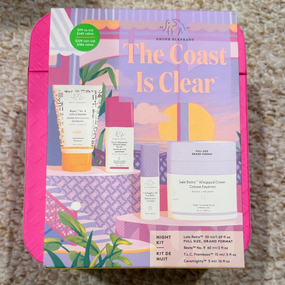 Drunk Elephant The Coast Is Clear Night Kit with Pink and Purple Packaging